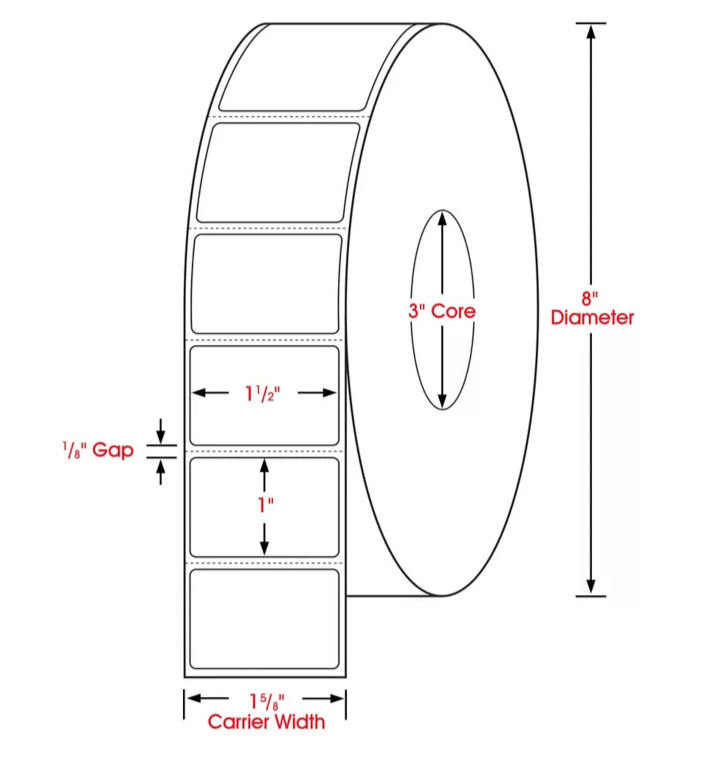 Thermal Transfer Labels, White Label 1 1/2" W x 1" H, 8" OD