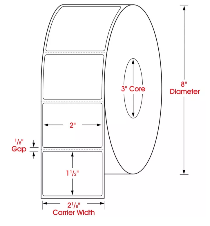 2 X 1.5 dimensions thermal transfer label, 3 inch core, 8 inch OD