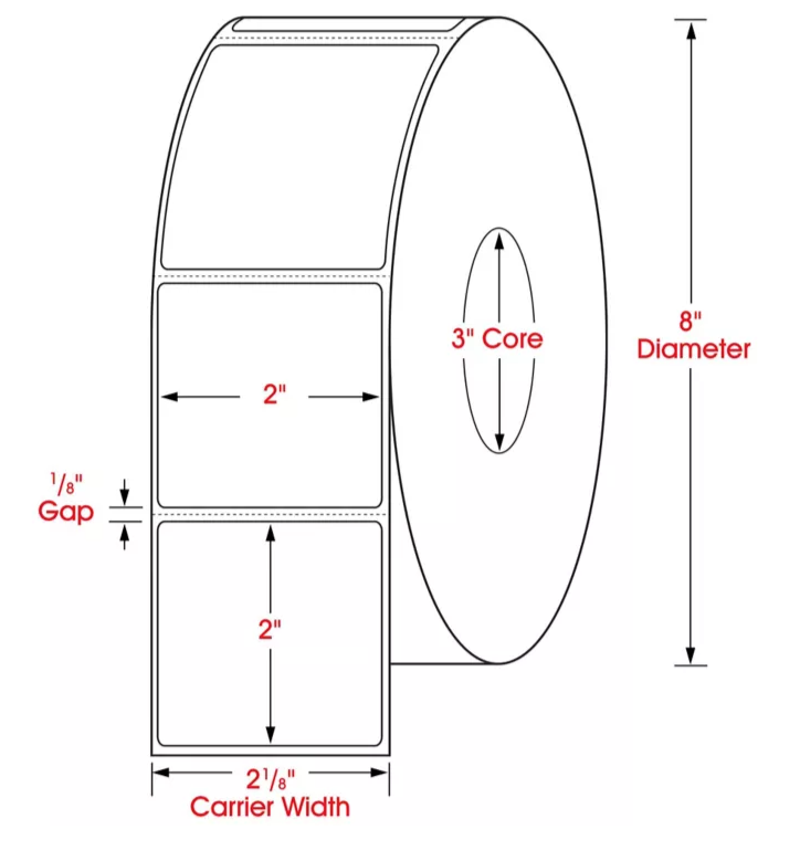 2 X 2 dimensions thermal transfer label, 3 inch core, 8 inch OD