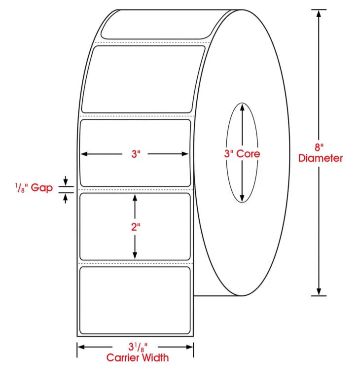 3 X 2 dimensions thermal transfer label, 3 inch core, 8 inch OD