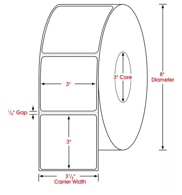 3 X 3 dimensions thermal transfer label, 3 inch core, 8 inch OD