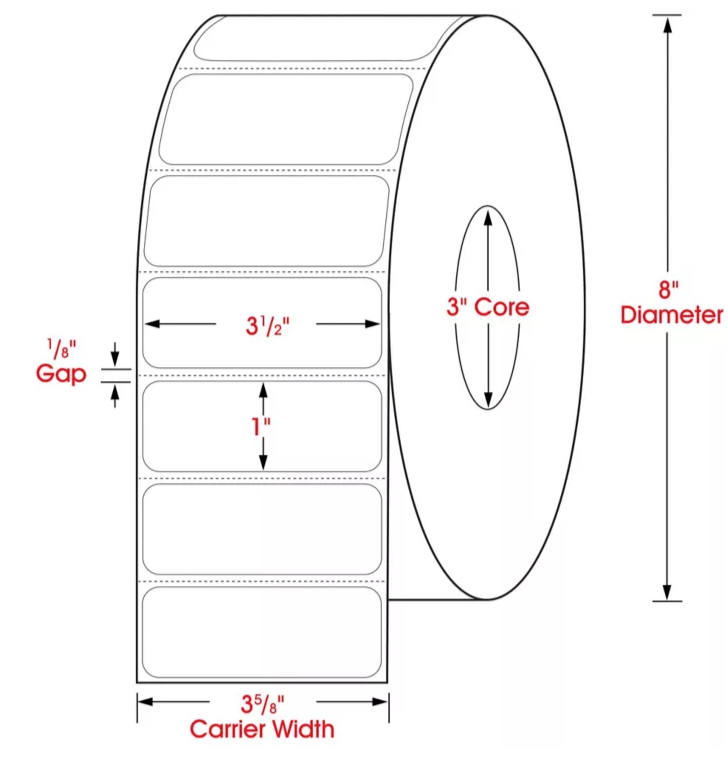 3.5 X 1 dimensions thermal transfer label, 3 inch core, 8 inch OD