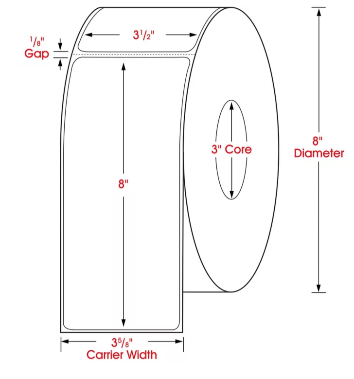 3.5 X 8 dimensions thermal transfer label, 3 inch core, 8 inch OD