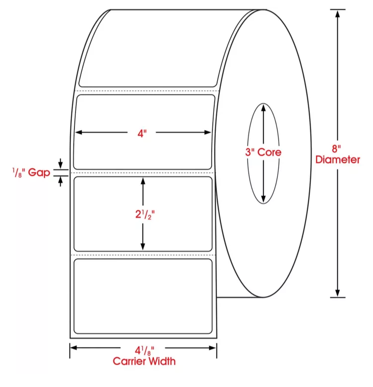 4 x 2.5 dimensions thermal transfer label, 3 inch core, 8 inch OD
