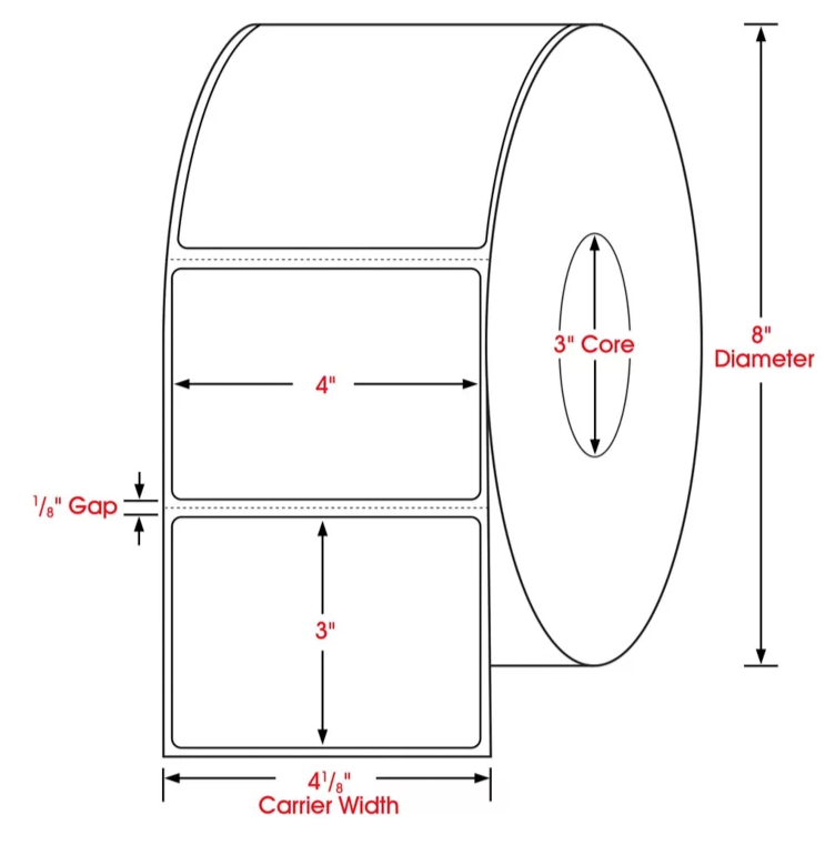 4 x 3 dimensions thermal transfer label, 3 inch core, 8 inch OD