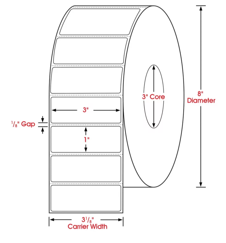 3 X 1 dimensions thermal transfer label, 3 inch core, 8 inch OD