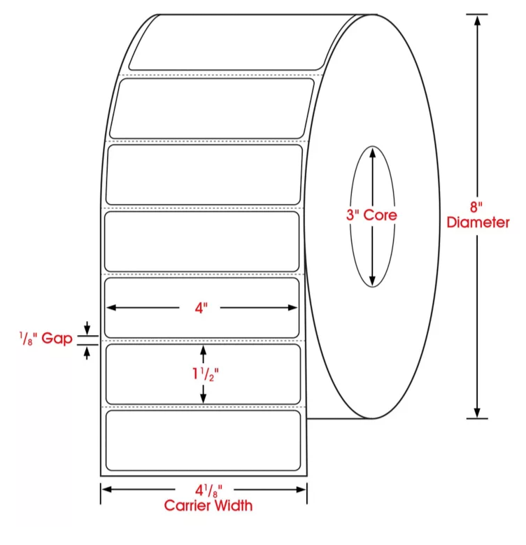 4 x 1.5 dimensions thermal transfer label, 3 inch core, 8 inch OD