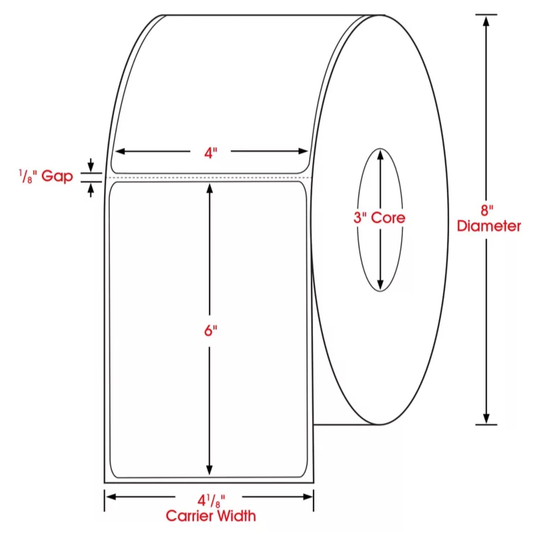 4 x 6 dimensions thermal transfer label, 3 inch core, 8 inch OD