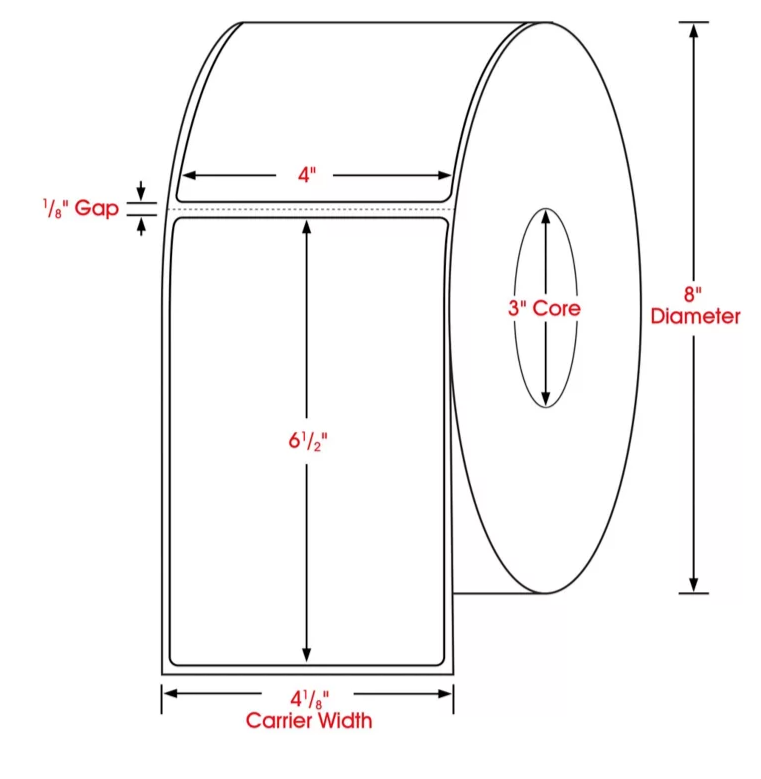 4 x 6.5 dimensions thermal transfer label, 3 inch core, 8 inch OD