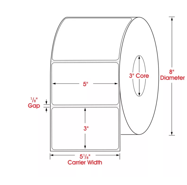 5 x 3 dimensions, thermal transfer label, 3 inch core, 8 inch OD