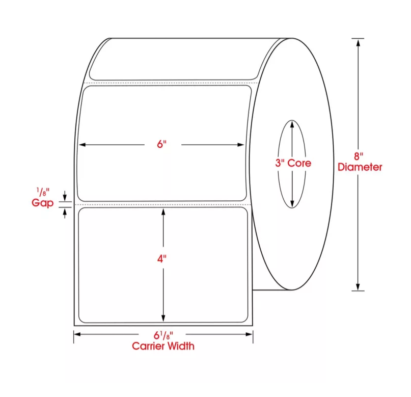 6 x 4 dimensions, thermal transfer label, 3 inch core, 8 inch OD