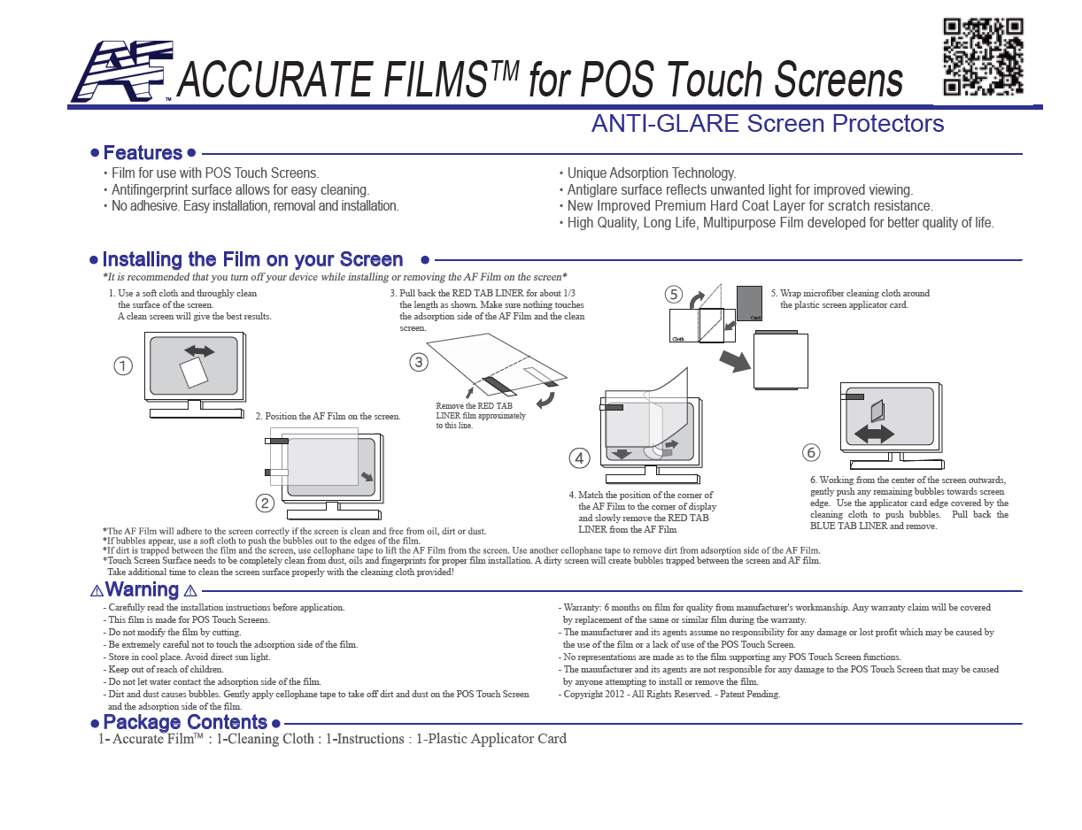 Instruction page for touch screen film installation